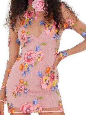 For Love & Lemons Floral Appliqué Pink Mesh Bodycon Mini Dress